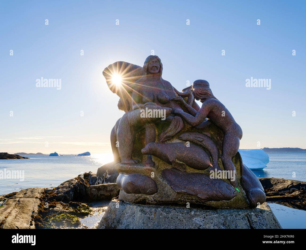 Mother of the sea, Sassuma Arnaa - a legendary figure in Inuit culture. Sculpure by Christian Rosing in the colonial harbour Nuuk the capital of Green Stock Photo