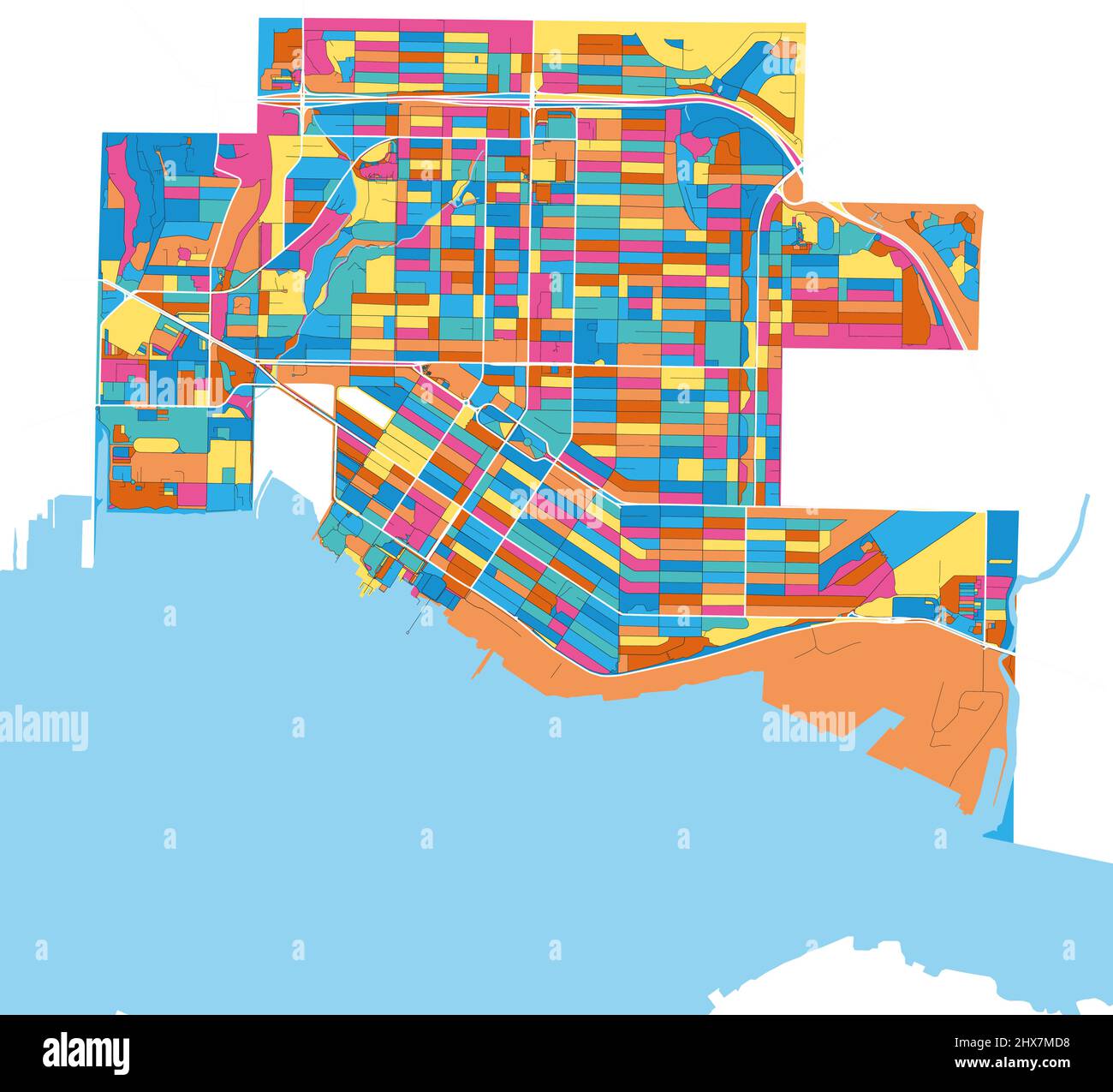 NorthVancouver, British Columbia, Canada colorful high resolution vector art map with city boundaries. White outlines for main roads. Many details. Bl Stock Vector