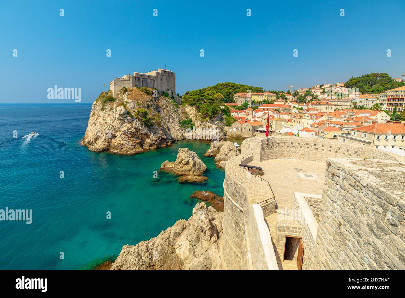 Aerial view on top walls of Dubrovnik city of Croatia. Looking Fort Lovrijenac fortress, over the West Harbour. Dubrovnik historic city of Croatia in Stock Photo