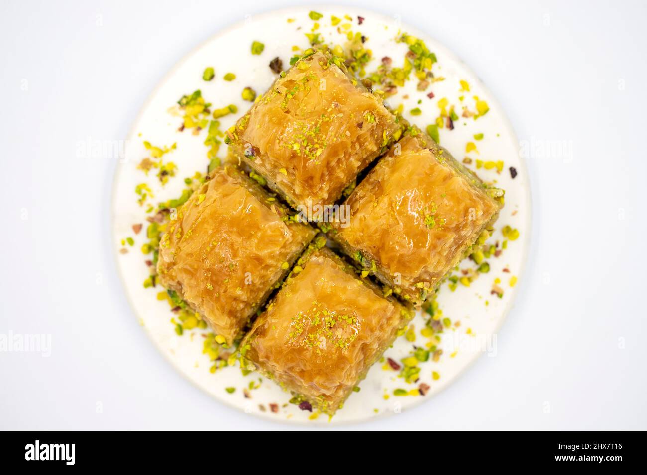 Pistachio baklava. Close-up. Traditional Middle Eastern Flavors. Traditional Turkish baklava. Top view. local name fistikli baklava Stock Photo