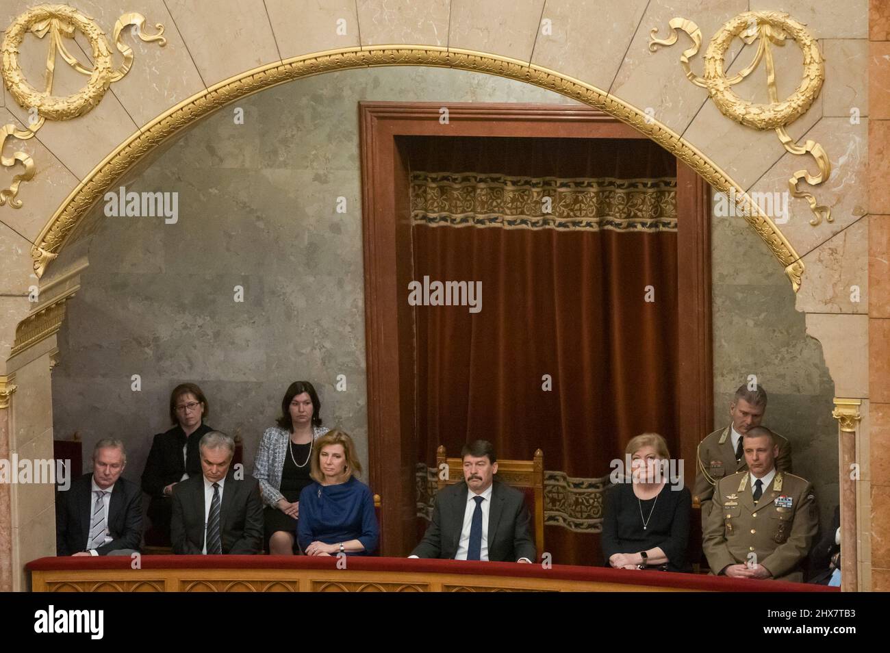 Budapest, Hungary. 10th Mar, 2022. Hungarian President Janos Ader (4th R) listens to the speech of Katalin Novak (not in picture) before the voting in Hungarian Parliament, Budapest, Hungary, March 10, 2022. Hungarian parliament on Thursday elected Katalin Novak as the country's first female president for a five-year term, winning over economist Peter Rona in a vote split along party lines. Credit: Attila Volgyi/Xinhua/Alamy Live News Stock Photo