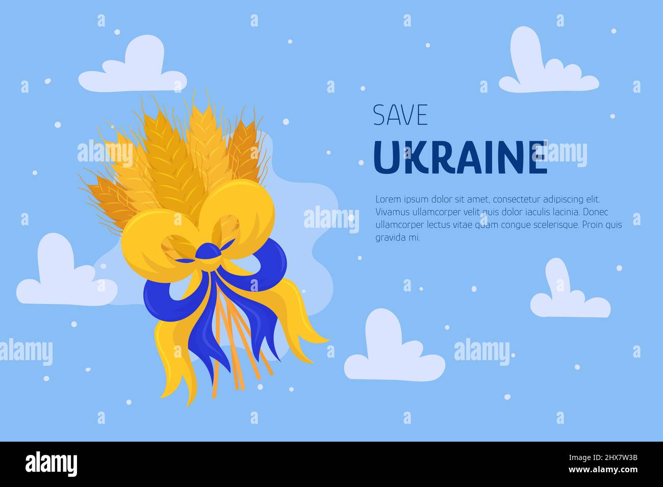 Wheat with Ukrainian flag colors ribbon on blue sky background. Save Ukraine concept background. Stop war sign. Stock Vector