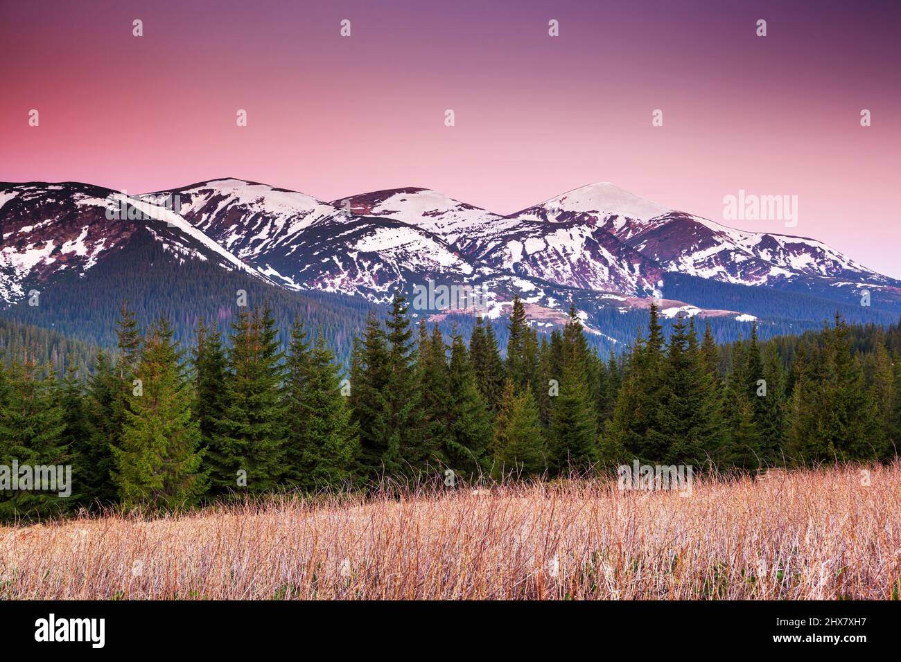 Fantastic morning mountain landscape. Colorful sky. Carpathian, Ukraine, Europe. Beauty world. Stock Photo