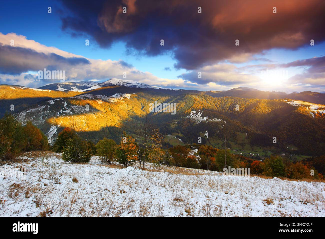 Fantastic morning mountain landscape. Colorful overcast sky. Carpathian, Ukraine, Europe. Beauty world. Stock Photo