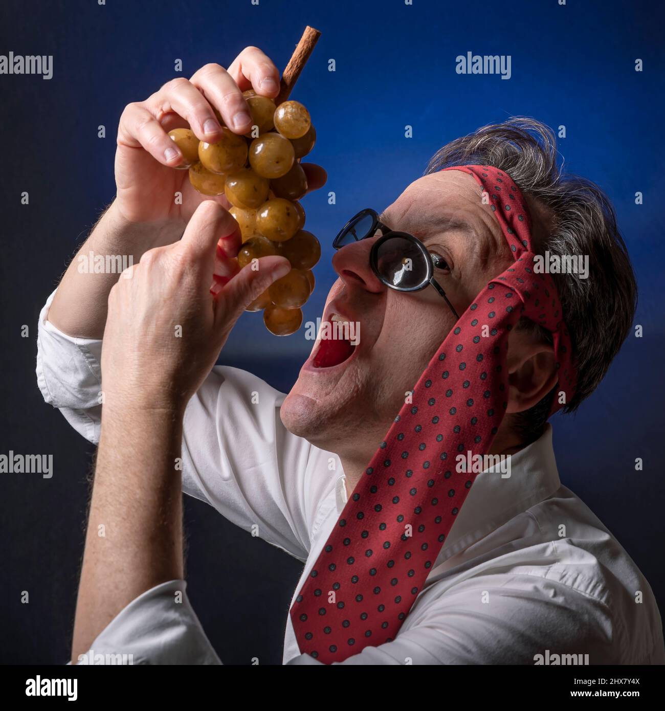 A man with a red tie on his head and sunglasses, holds a fake bunch of grapes, as if he wants to eat it Stock Photo