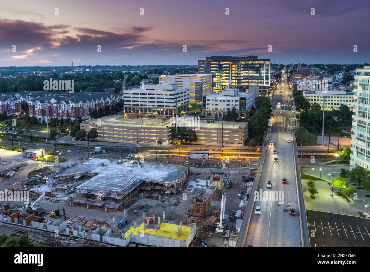 Aerial view of Conshohocken Pennsylvania, USA at sunset Stock Photo