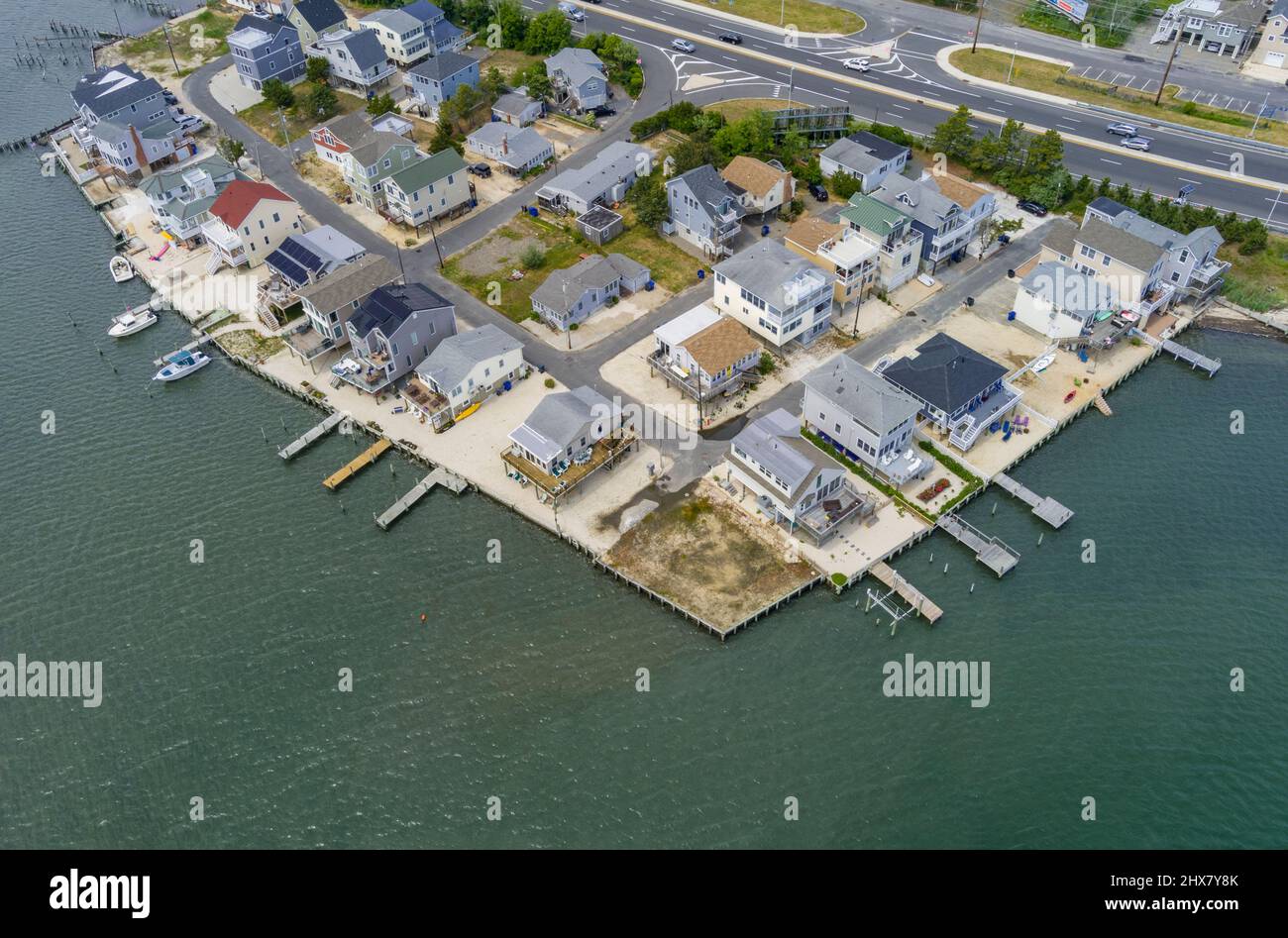 Aerial view of houses on Manahawkin Bay, Ship Bottom Long Beach New