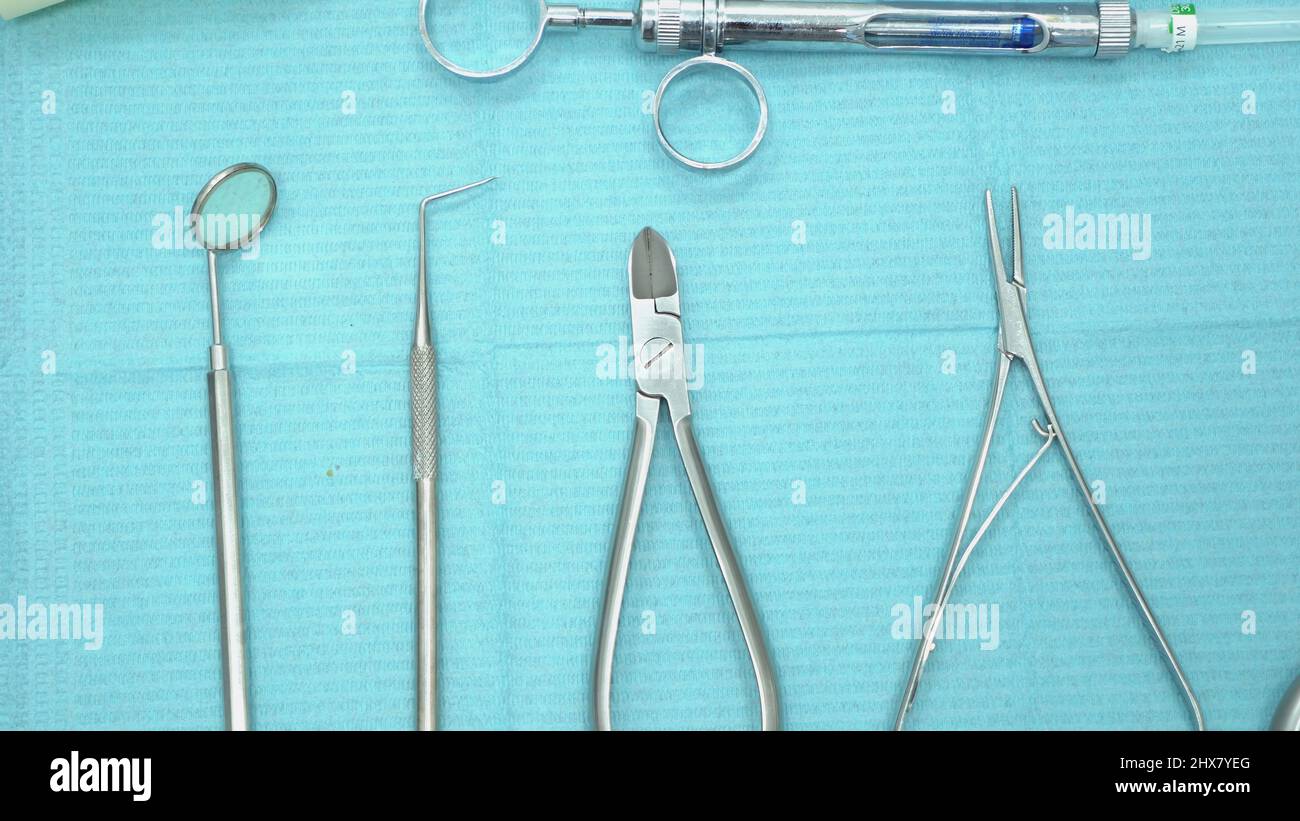 Closeup of professional dental instruments. Media. Metal various