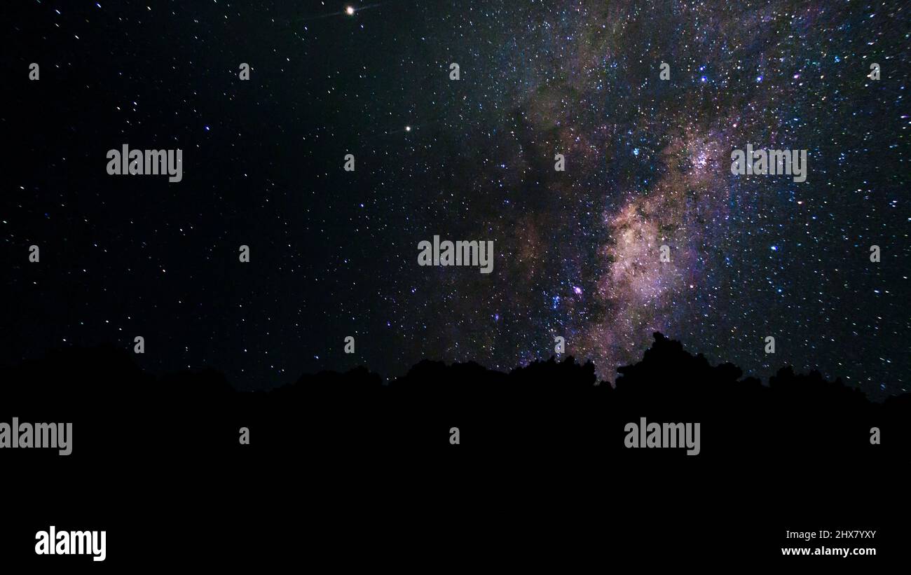 Milky Way, trail star galaxy and stars moving across night sky ...