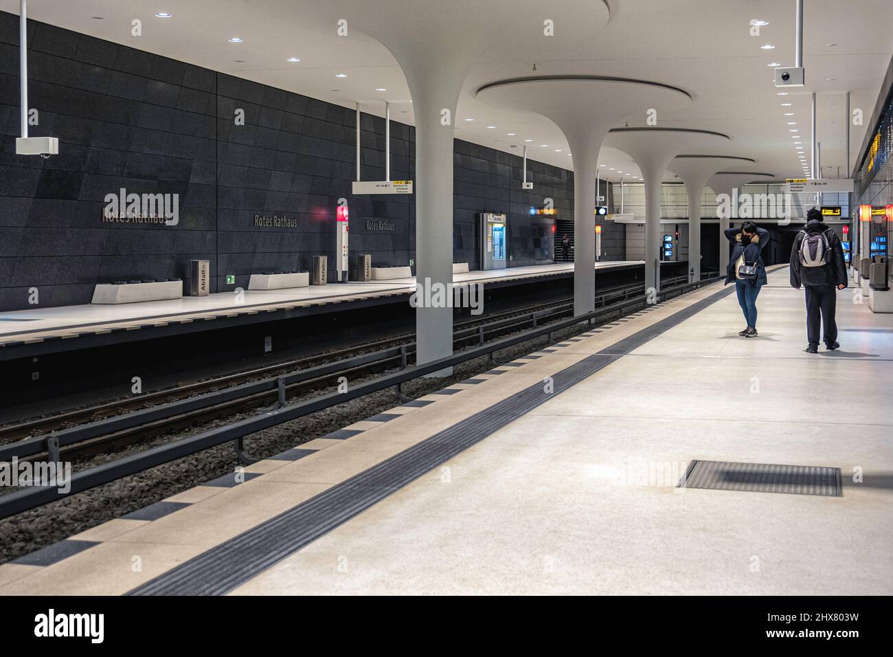 Alexanderplatz, Berlin-Mitte, Germany. New Rotes Rathaus underground U-Bahn railway station interior - extension of U5 line in front of Town hall opened 4 December 2020. U5 line now runs from Hönow to the Hauptbahnhof. Stock Photo