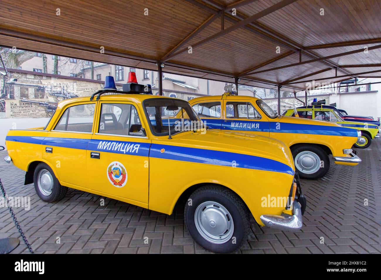 MINSK, BELARUS - NOVEMBER 29, 2017: Vintage police cars of the USSR at the Museum of Internal Affairs Bodies in Minsk. Moskvich 412, Volga GAZ 66 Stock Photo