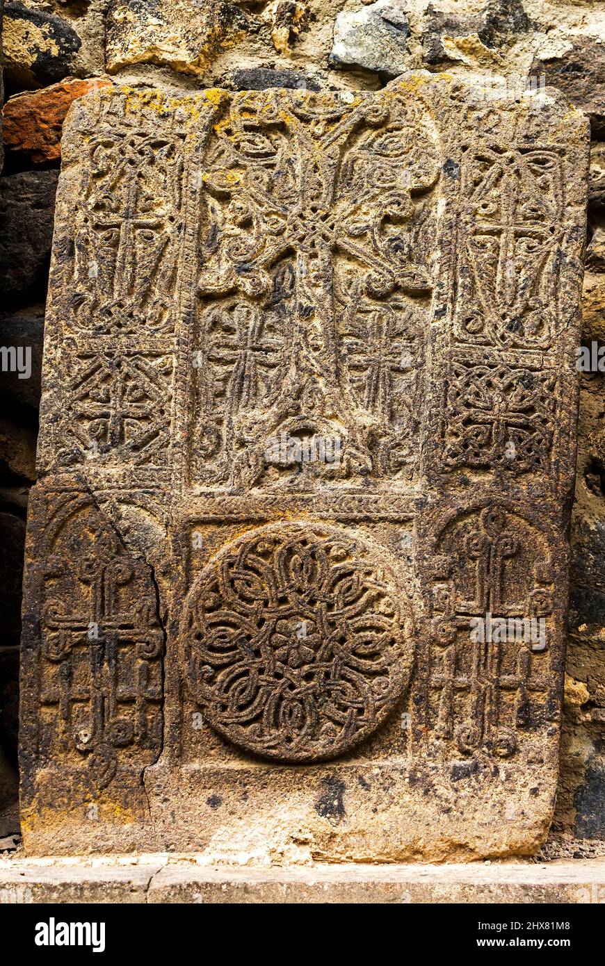 Medieval stone cross near monastery in Armenia. Stock Photo