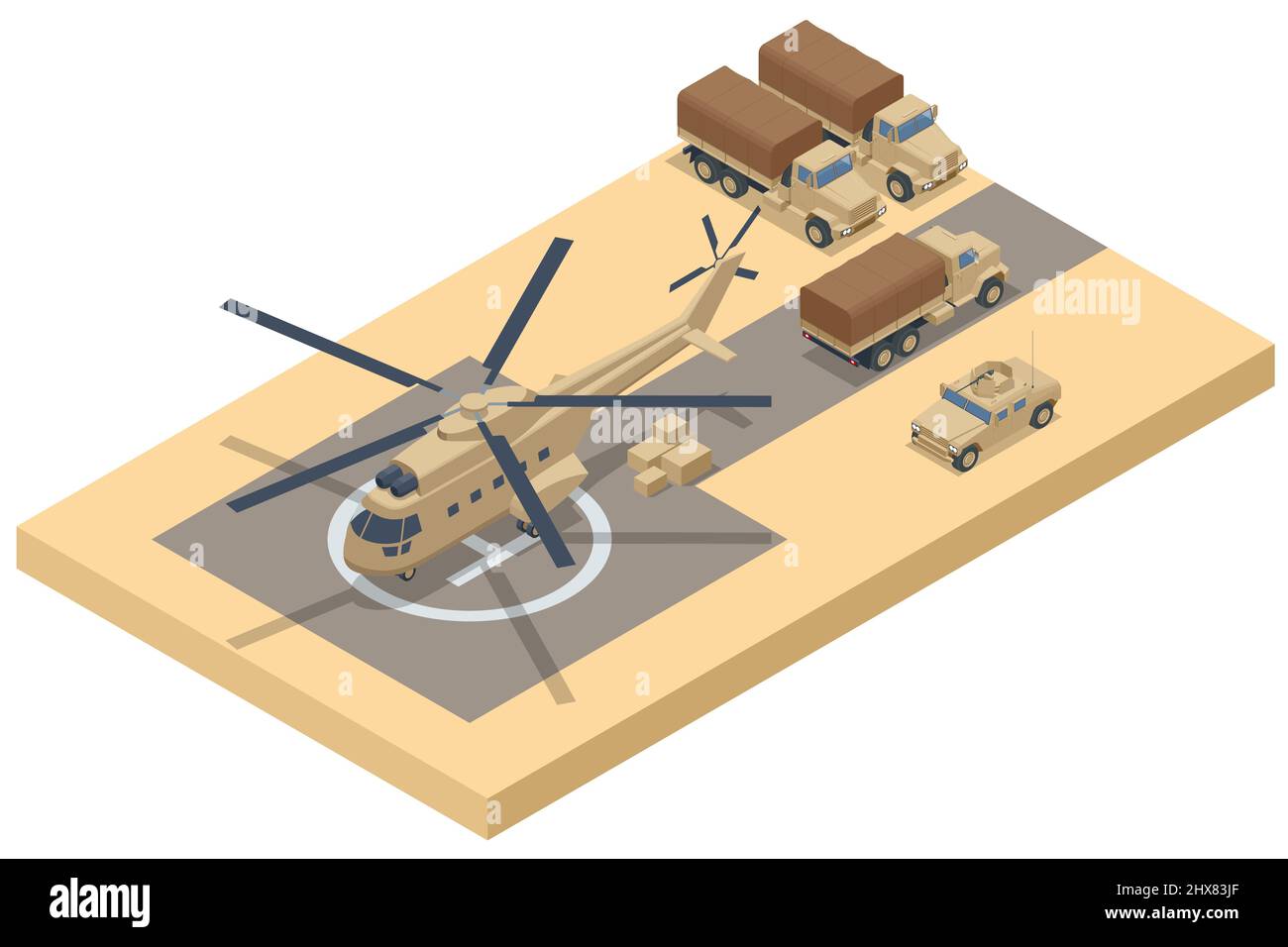 Isometric military helicopter on the runway and military trucks. Military Aviation Air Force Stock Vector