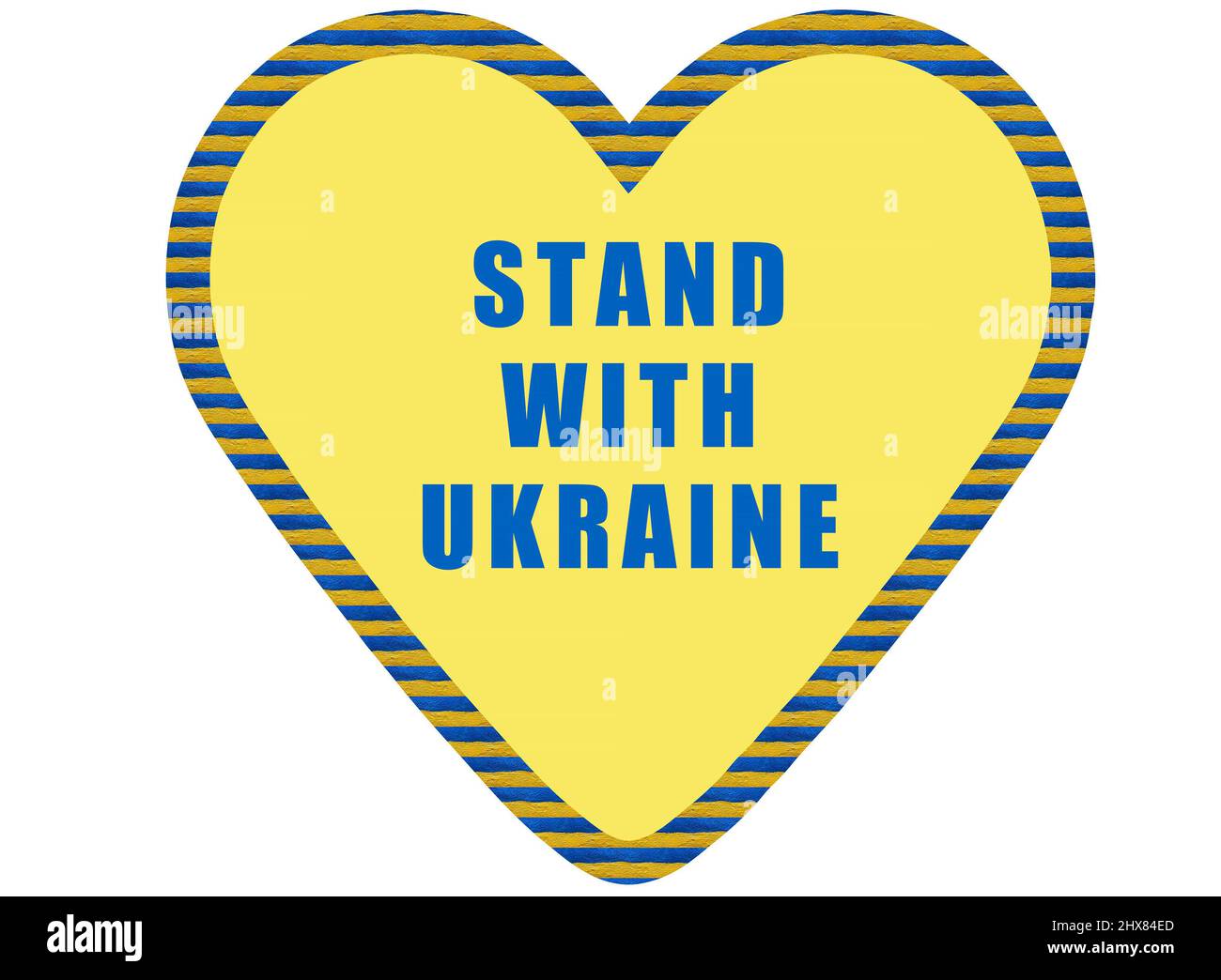Stand with Ukraine losung inside heart with Ukrainian flag ribbon on white Stock Photo