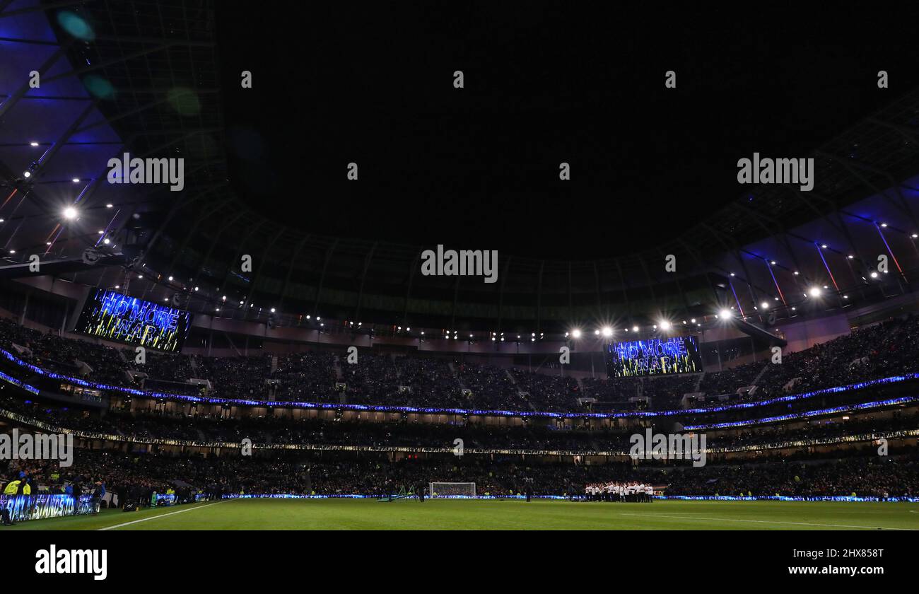 No More War message is seen on the stadium LED screens in support for Ukraine ahead of kick off - Tottenham Hotspur v Everton, Premier League, Tottenham Hotspur Stadium, London, UK - 7th March 2022  Editorial Use Only - DataCo restrictions apply Stock Photo
