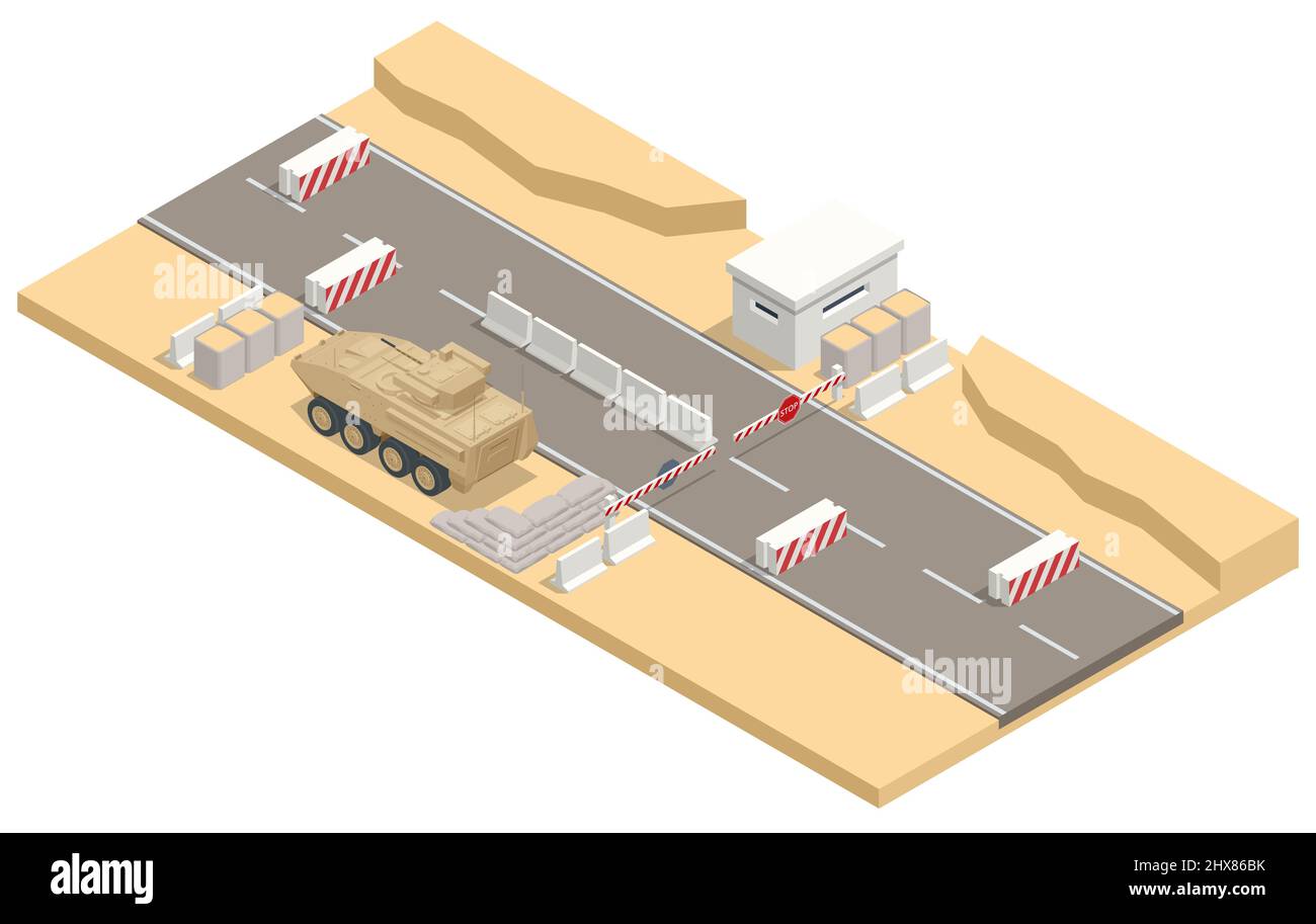 Isometric military Roadblock on the road, checkpoint, military barriers Stock Vector