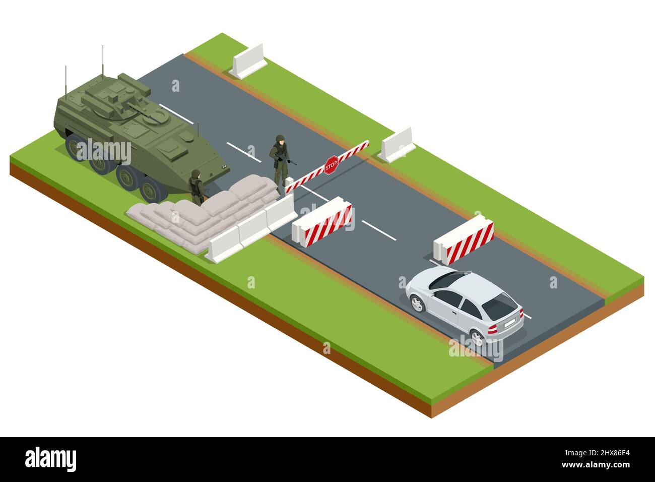 Isometric military Roadblock on the road, checkpoint, military barriers Stock Vector