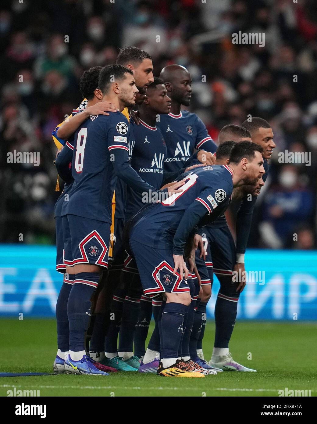 Madrid, Spain. March 09, 2022, PSG Team group during the UEFA Champions  League match between Real Madrid and Paris Saint Germain, played at  Santiago Bernabeu Stadium on March 09, 2022 in Madrid,