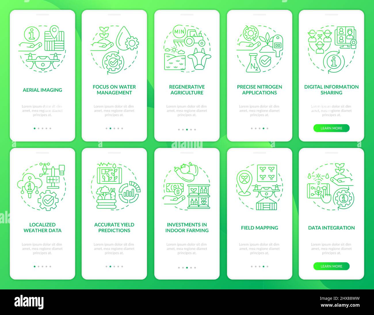 Farming trends green gradient onboarding mobile app screen set Stock Vector