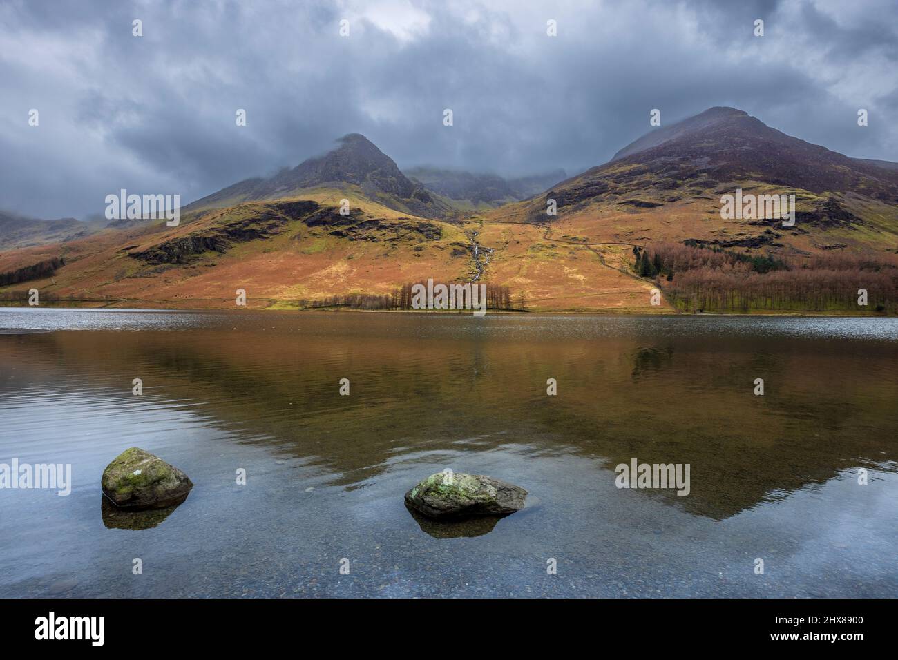 High Crag and High Stile across Buttermere in the winter, Lake District, England Stock Photo