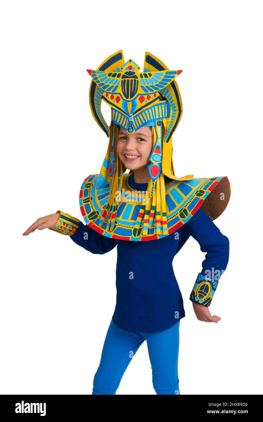 Young girl wearing cardboard egyptian pharoah headress Stock Photo