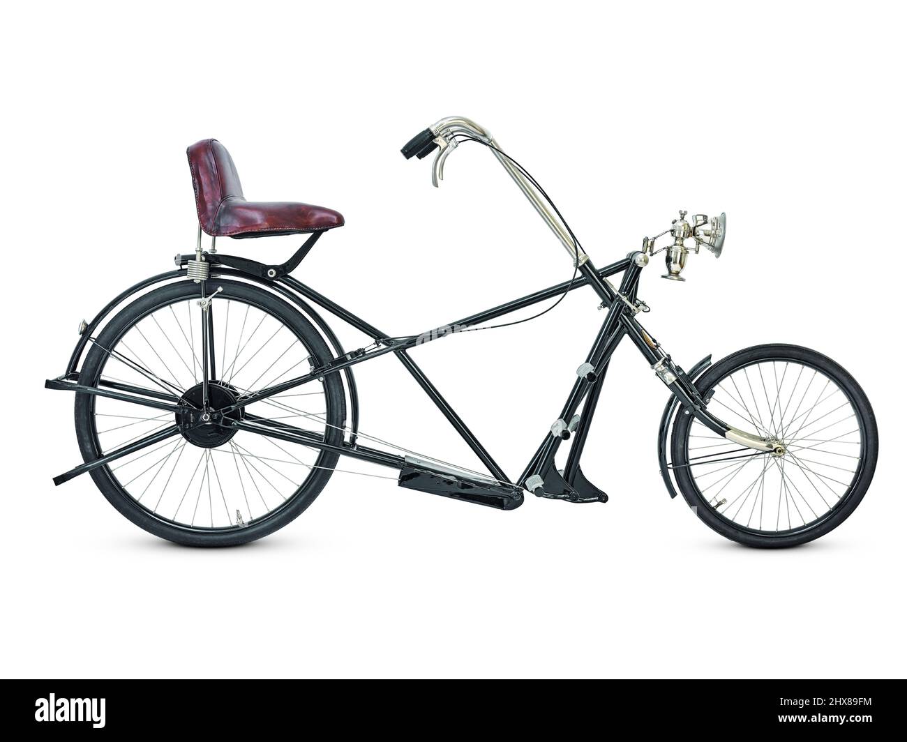 Sesselrad (comfortable bike), Stuttgart, Germany, 1922, side view, drive side.  Number of gears: 3, works depending on which foot-pedal you use  Steel frame Wheel size: 51cm front/65cm back Special features: aerodynamic seated position - more ergonomic Stock Photo