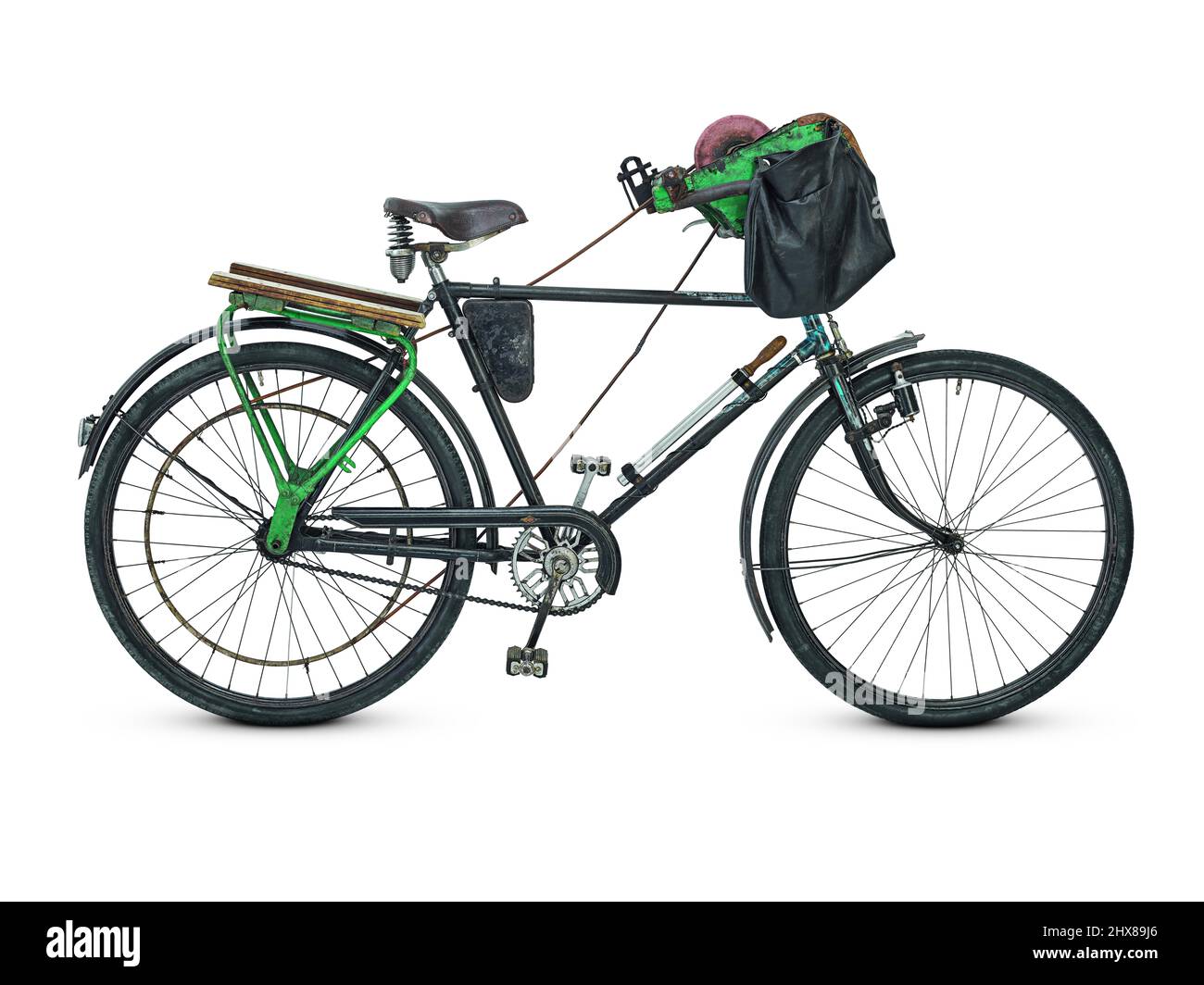 Knife-Sharpeners bicycle - working bike, Germany, c.1950s, side view, drive side.  Number of gears: 0  Steel frame Wheel size: 28'  Special features: Pedal powered knife sharpening tool Stock Photo