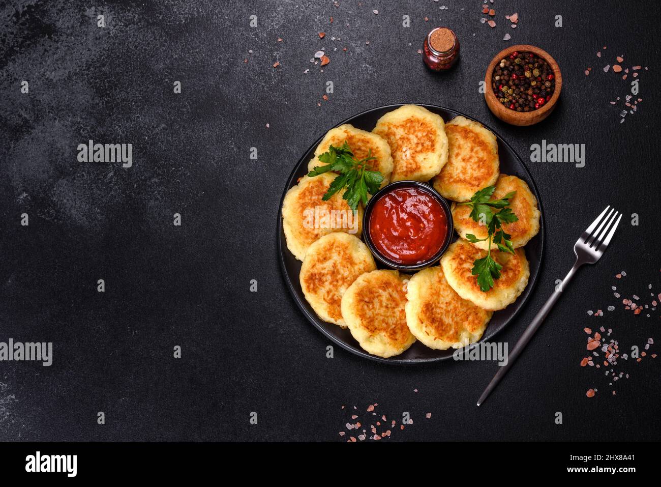 Frying latkes in a skillet, puffs of flour and oil cobwebbing out onto the  stovetop. The cook flipping the potato pancakes with a spatula, kids  eagerly peeking inside the skillet. Generative AI