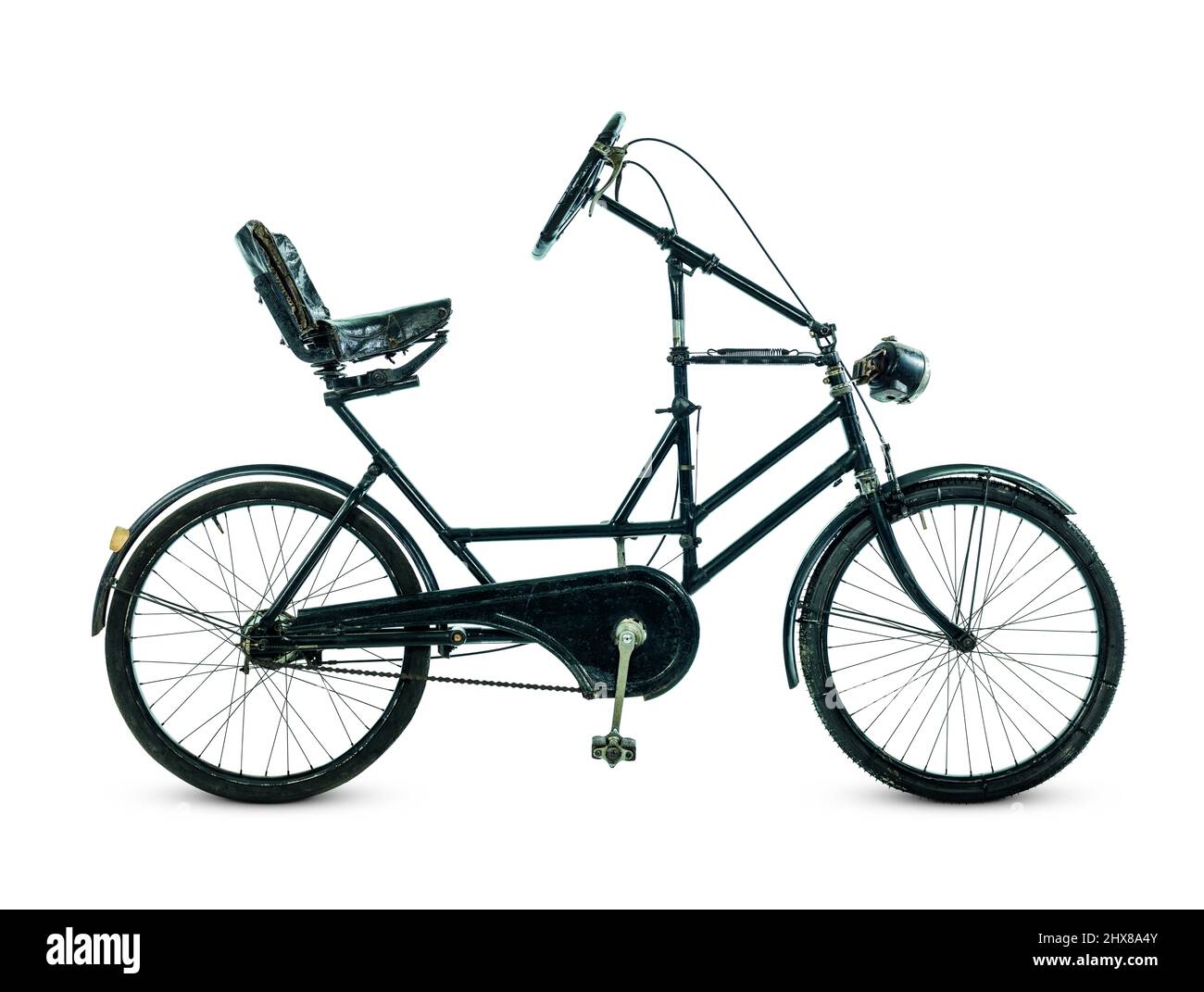 Triumph Moller Recumbent, 1935, UK, Side view. Rear-wheel steered. This is a semi-recumbent. Has steering wheel instead of handle bars. Stock Photo