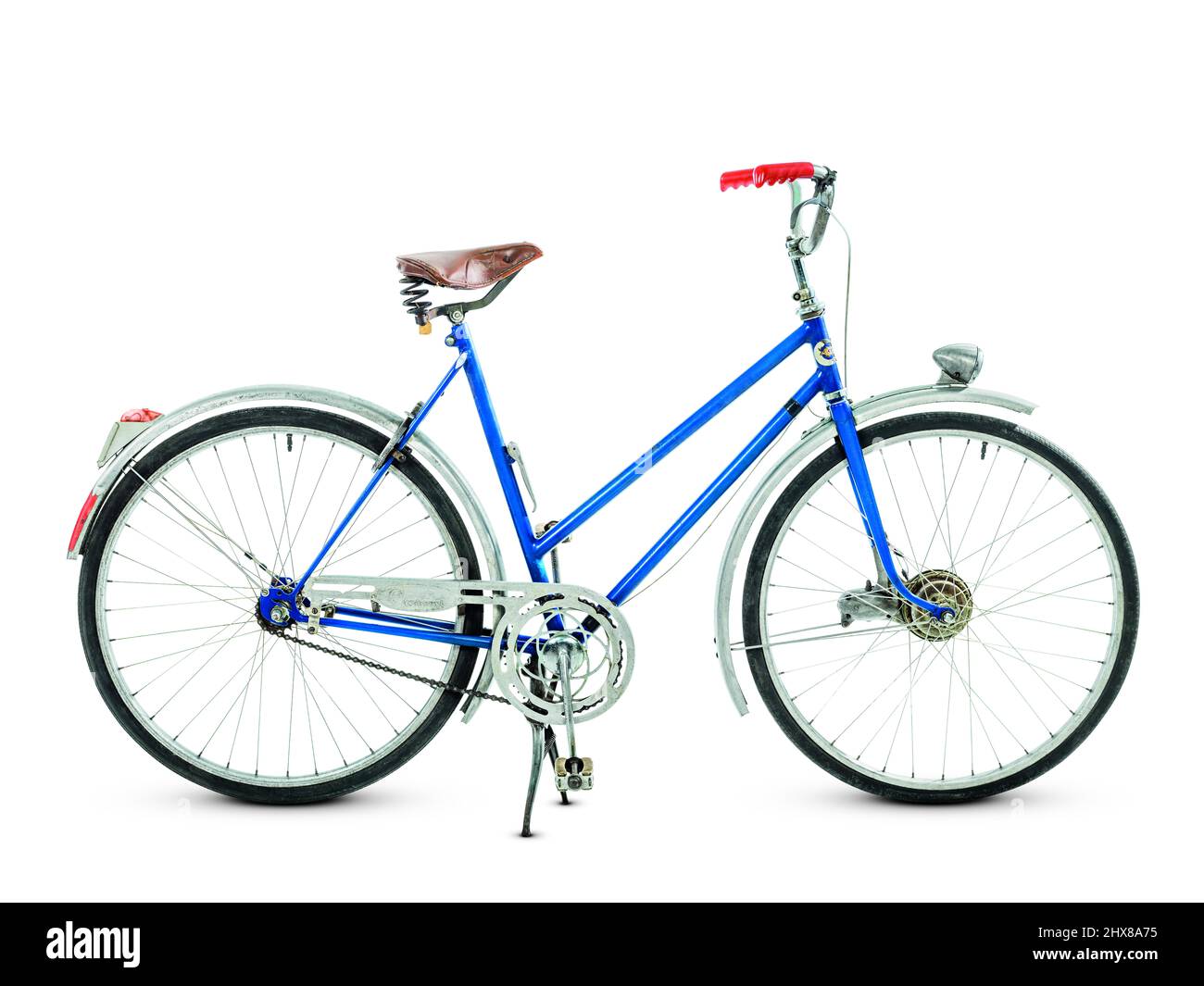 Crescent bicycle, c.1955, USA, Side view, on stand. innovative design with lifting handle and stand. Back pedalling brakes hub operated dyno set. Alloy chain guard. Stock Photo