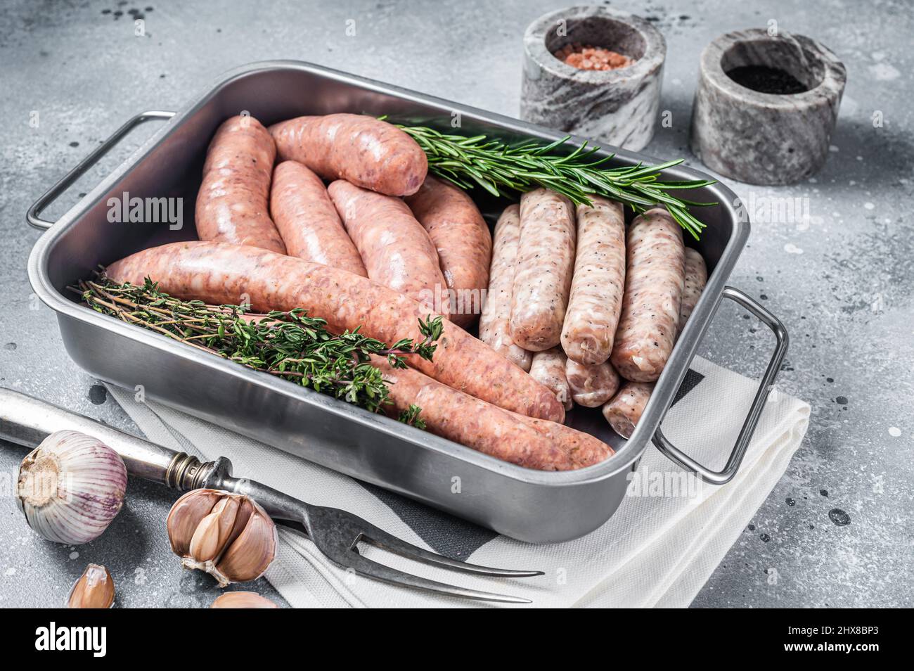 Assorted raw sausages. Beef, pork, lamb and chicken mince meat sausages