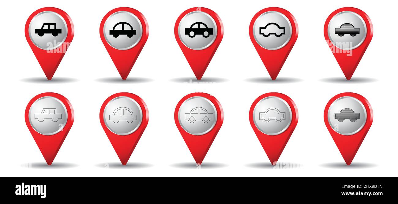 Location pins with passenger car icon - vector illustration Stock Vector