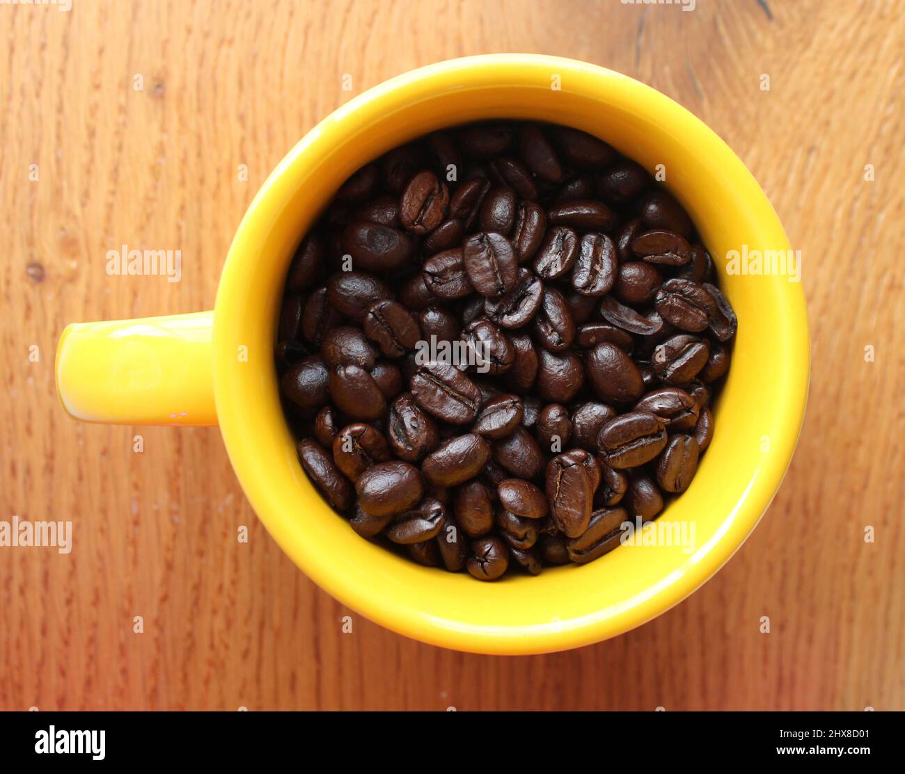 Roasted Whole Coffee Beans in a Bright Yellow Mug Stock Photo