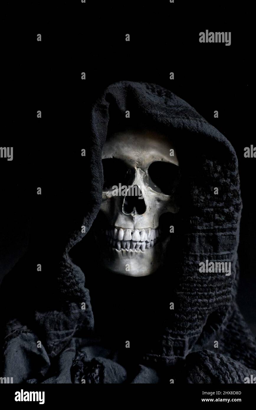 A portrait of death, skull in a black shawl. Stock Photo