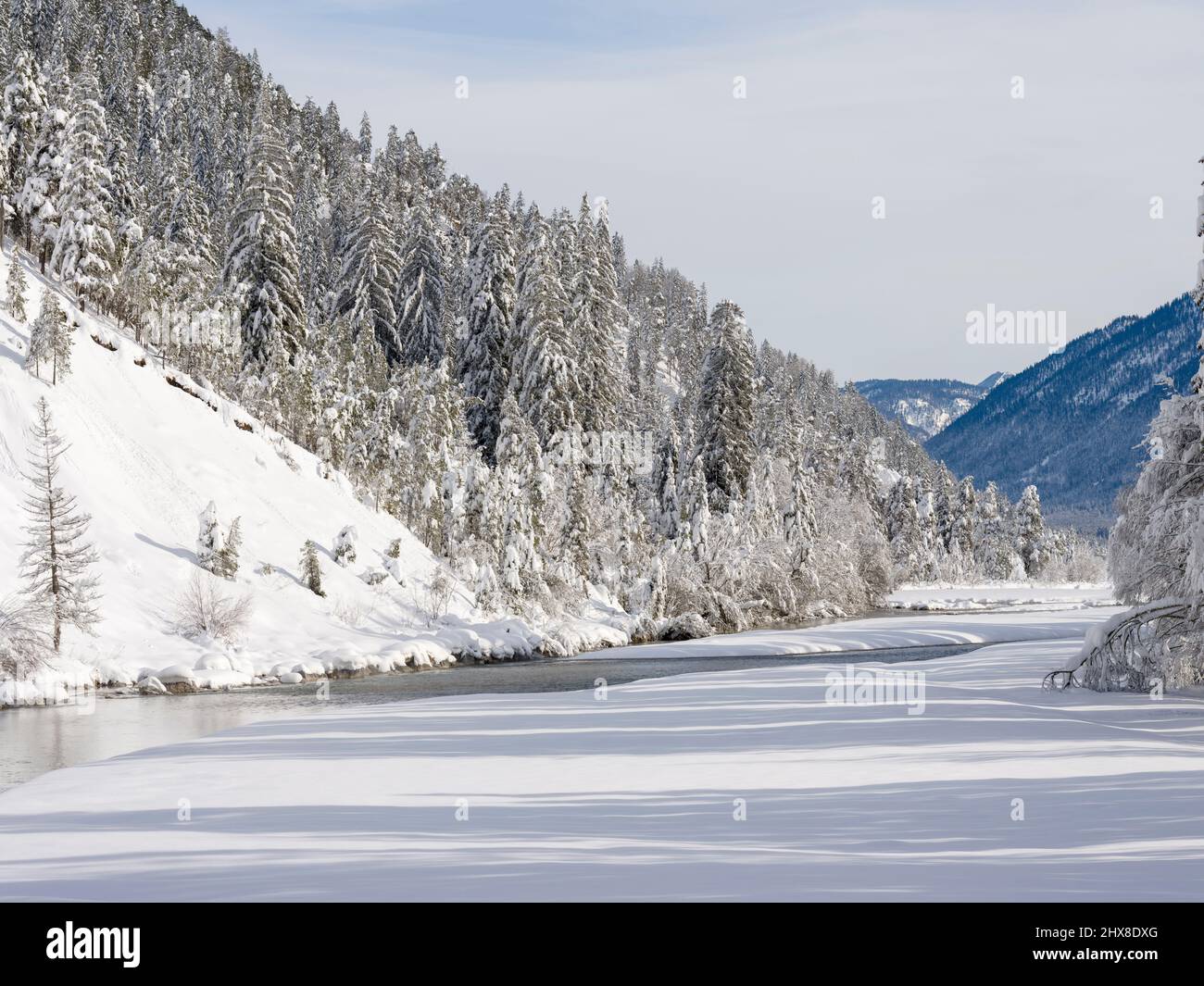 River Isar near village Vorderriss during winter. Euorpe, Germany,Bavaria Stock Photo