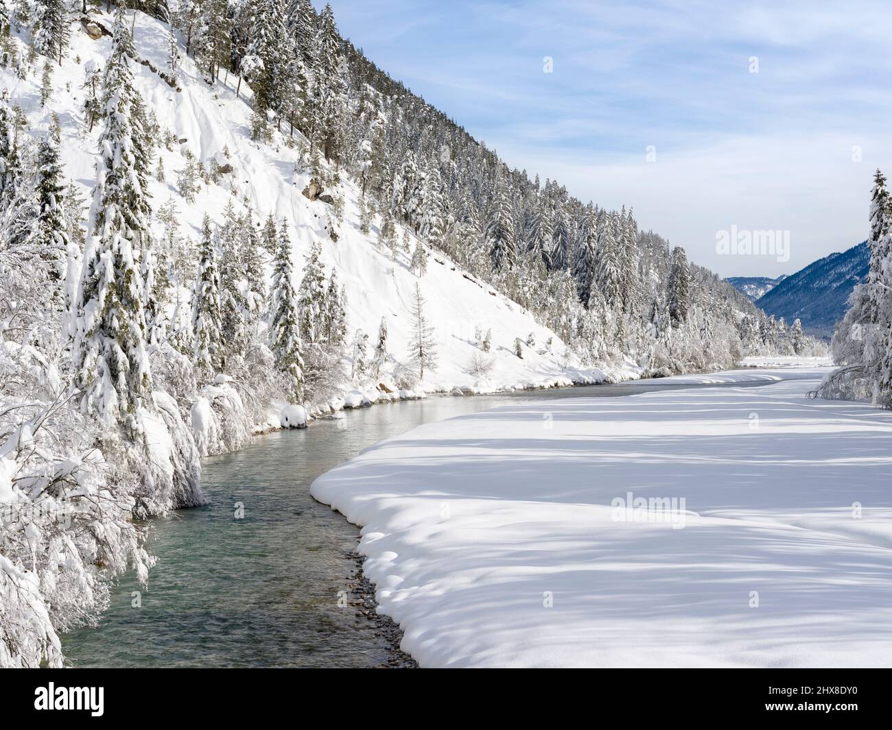 River Isar near village Vorderriss during winter. Euorpe, Germany,Bavaria Stock Photo