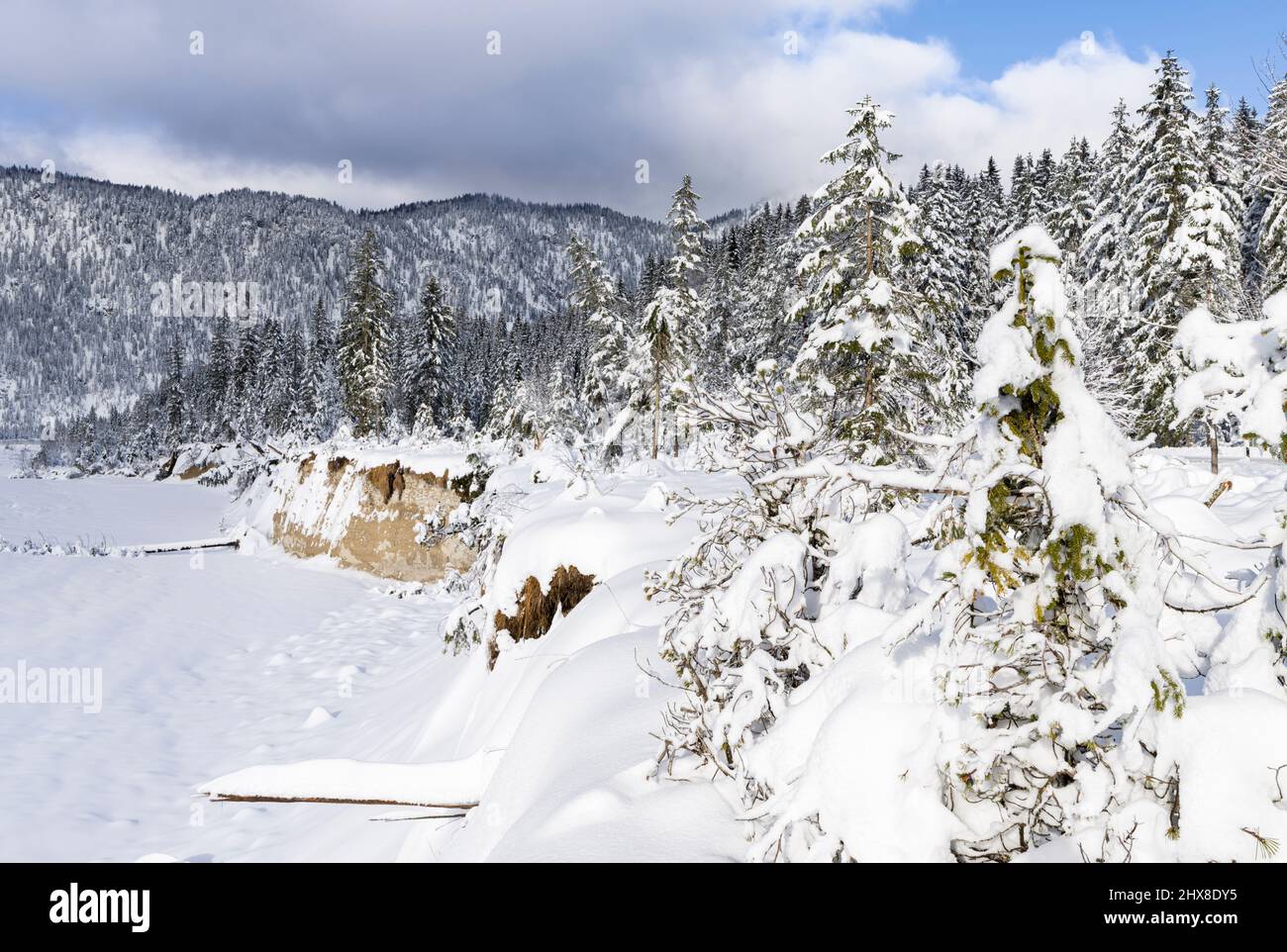 Valley of river Rissbach after heavy snowfall near village Vorderriss during winter. Europe, Germany, Bavaria Stock Photo