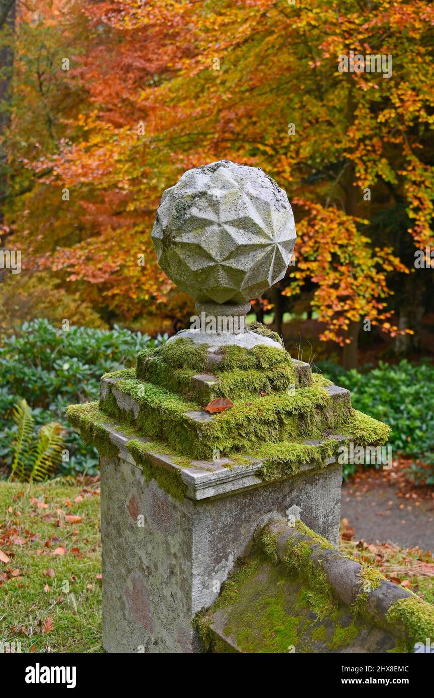 Ornamental stone finial. Dawyck Botanic Garden, Stobo, Scottish Borders, Scotland, United Kingdom, Europe. Stock Photo