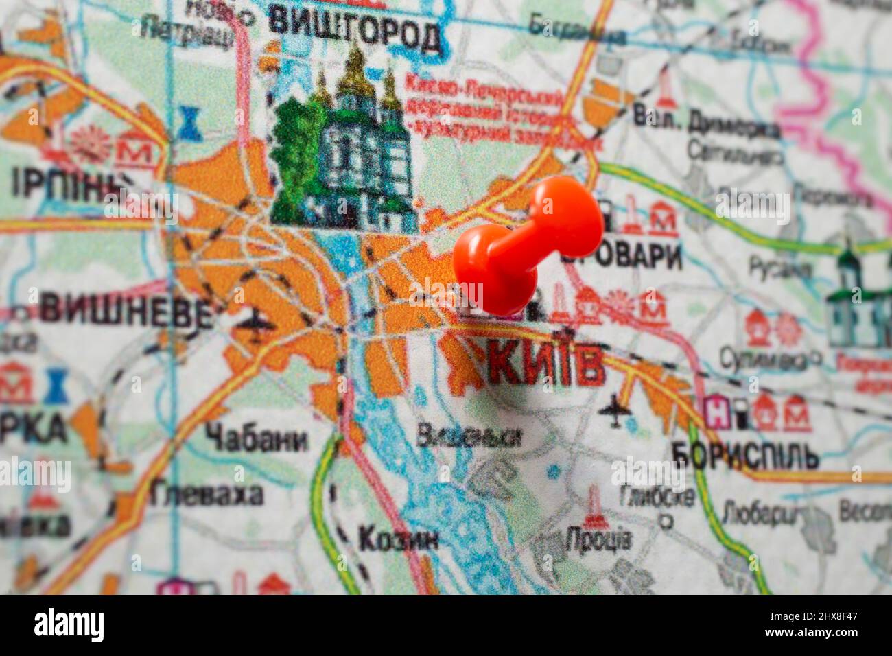 Selective focus macro shot of a low resolution map of Ukraine's capital, Kiev Stock Photo