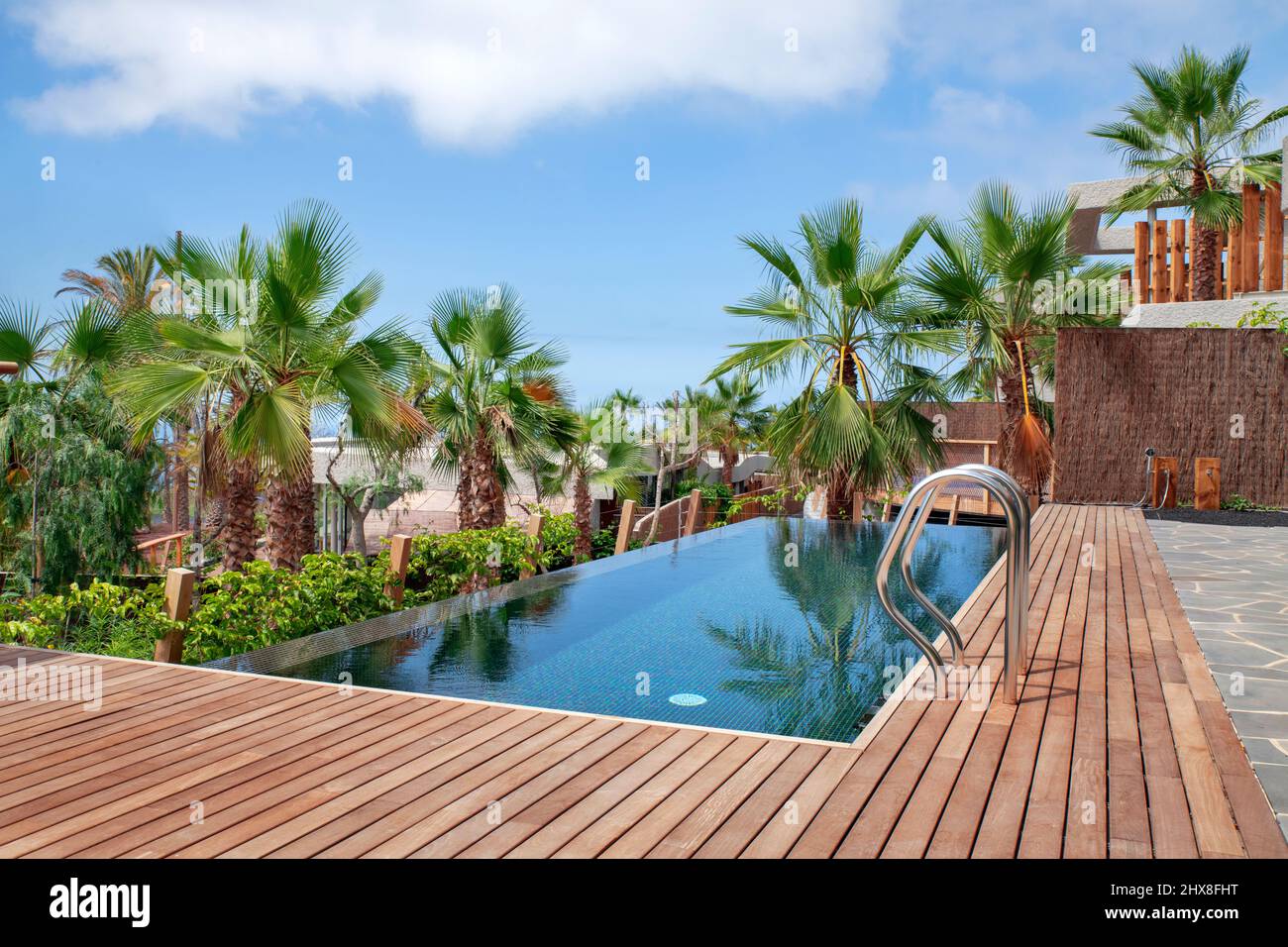 Luxurious swimming pool with clear blue water and surrounded by tropical palm trees and redwood decking, part of a residential property, Abama resort Stock Photo