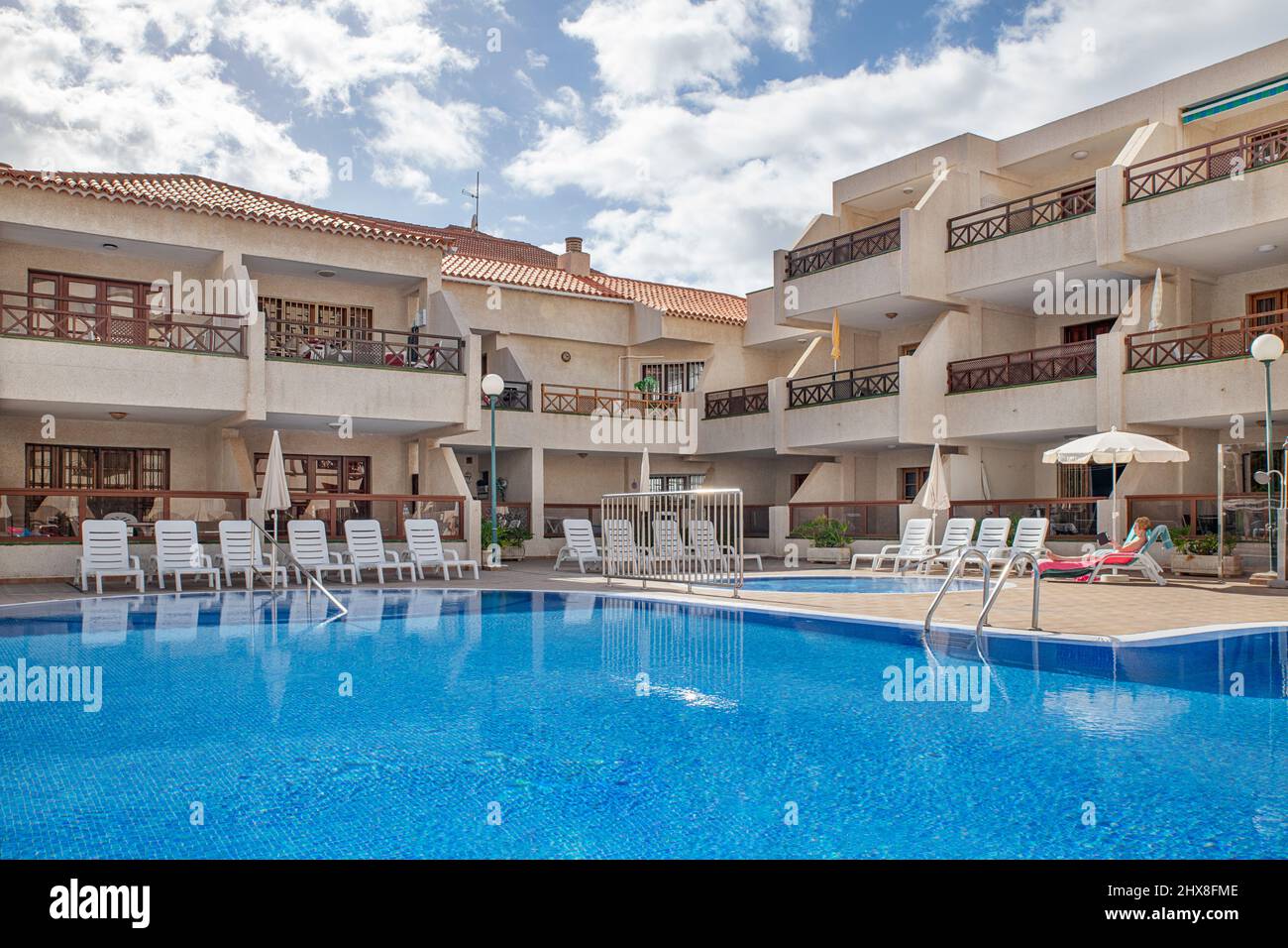 Large swimming pool surrounded by spacious apartments part of the  residential and holiday complex Andorra, Tenerife, Canary Islands, Spain  Stock Photo - Alamy