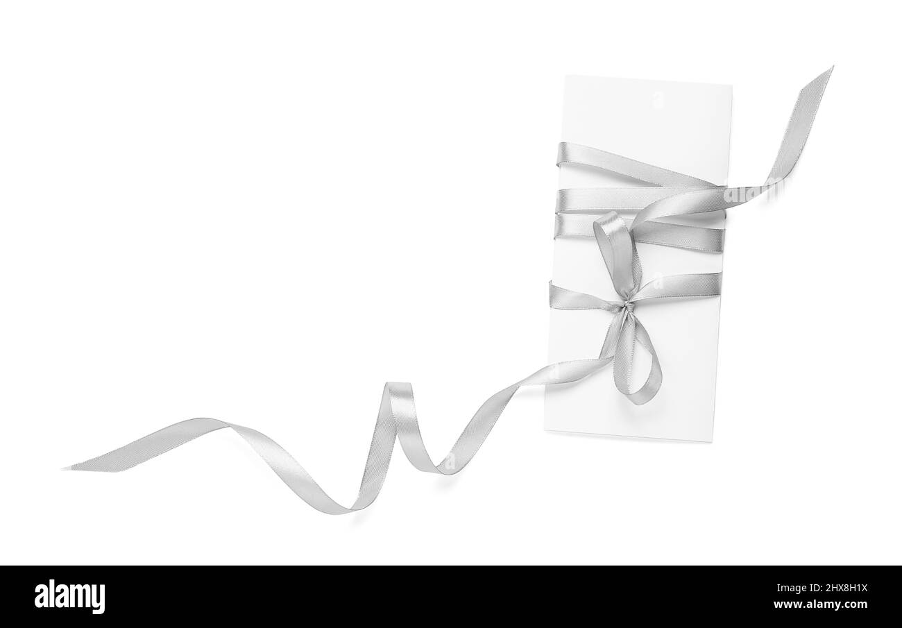 Silver ribbon with card on white background Stock Photo - Alamy