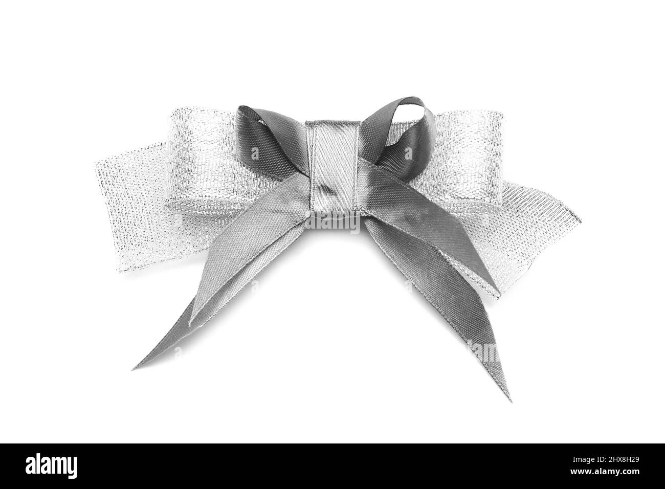 Beautiful silver ribbon bow on white background Stock Photo - Alamy