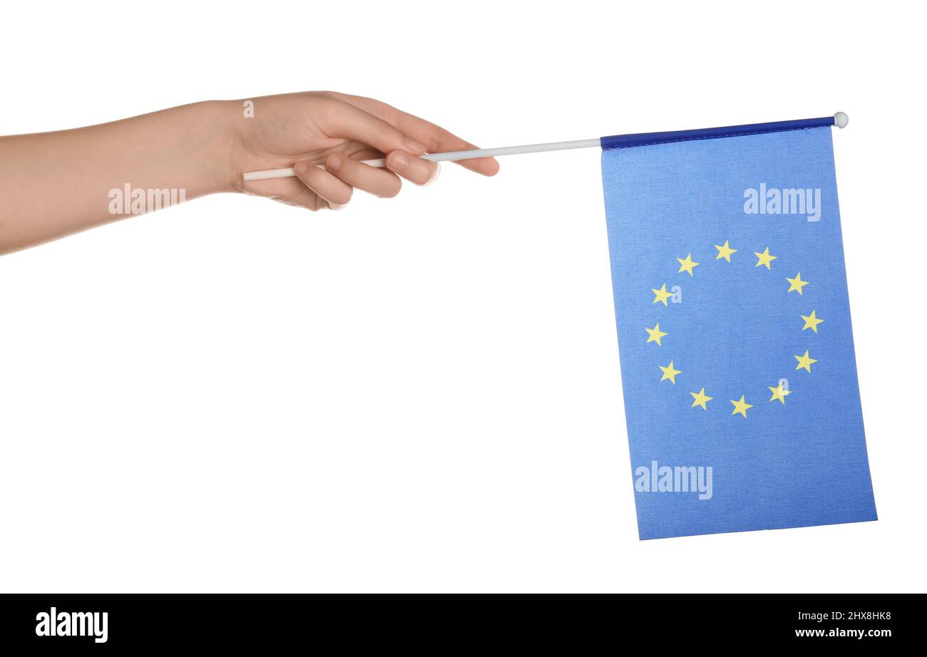 Woman with flag of European Union on white background Stock Photo - Alamy