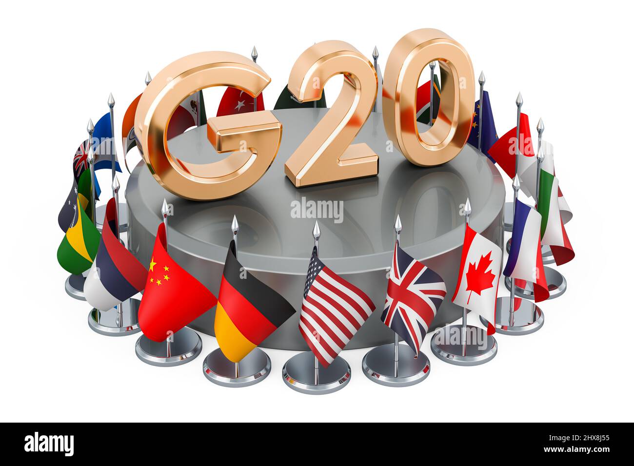 G20 meeting concept, flags of all members G20. 3D rendering isolated on white background Stock Photo