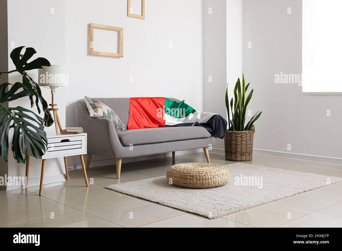 Grey sofa with UAE flag in interior of light living room Stock Photo