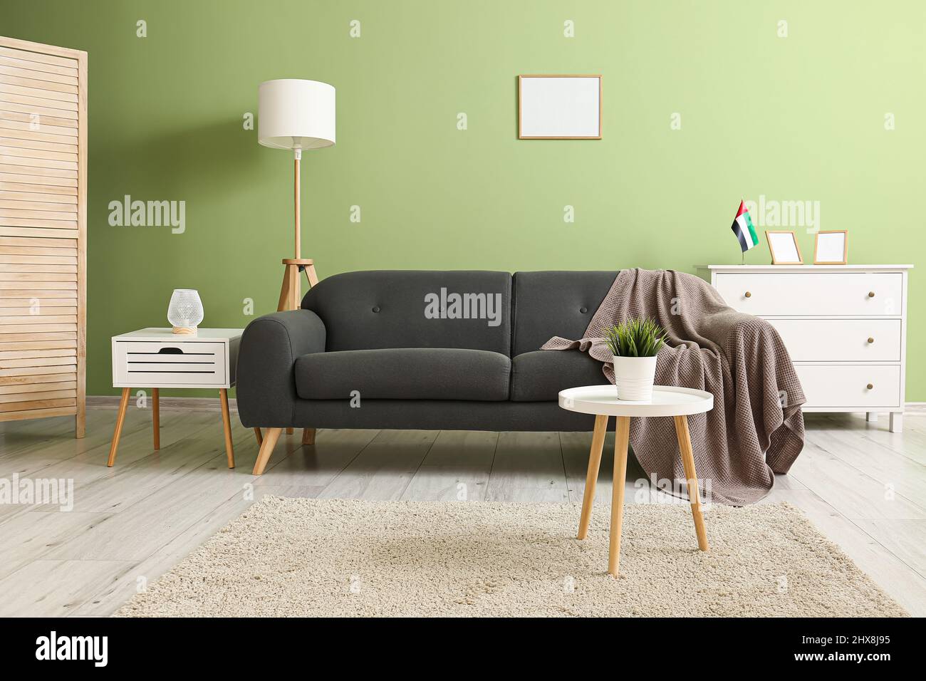 Interior of stylish living room with black sofa and UAE flag Stock