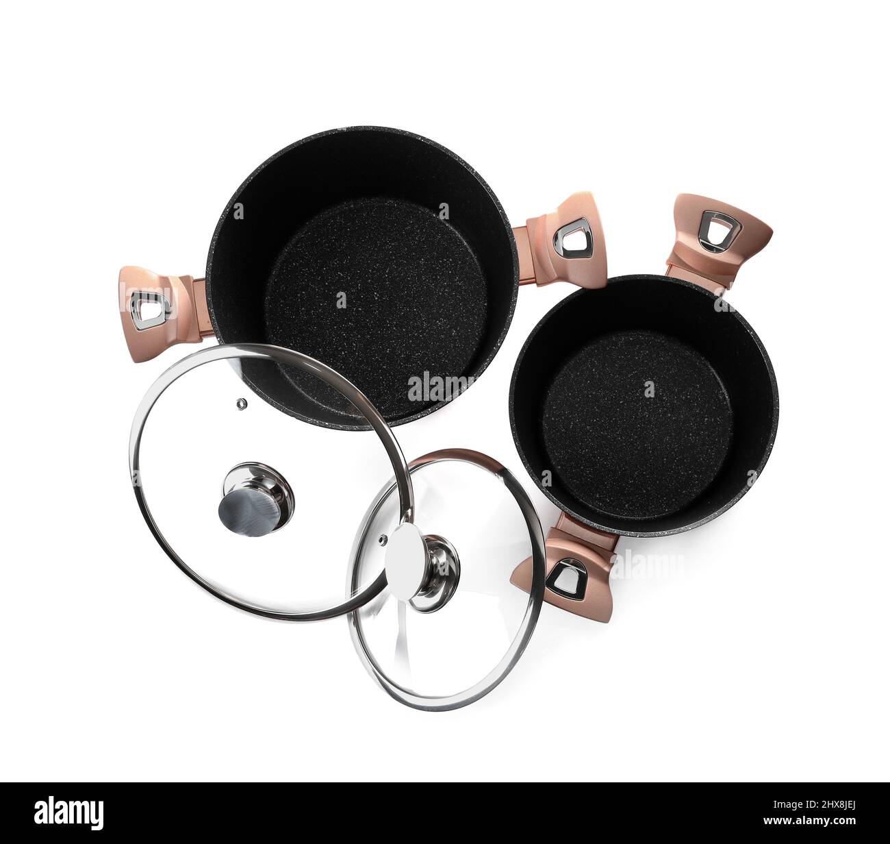 New steel cooking pots with lids on white background Stock Photo Alamy