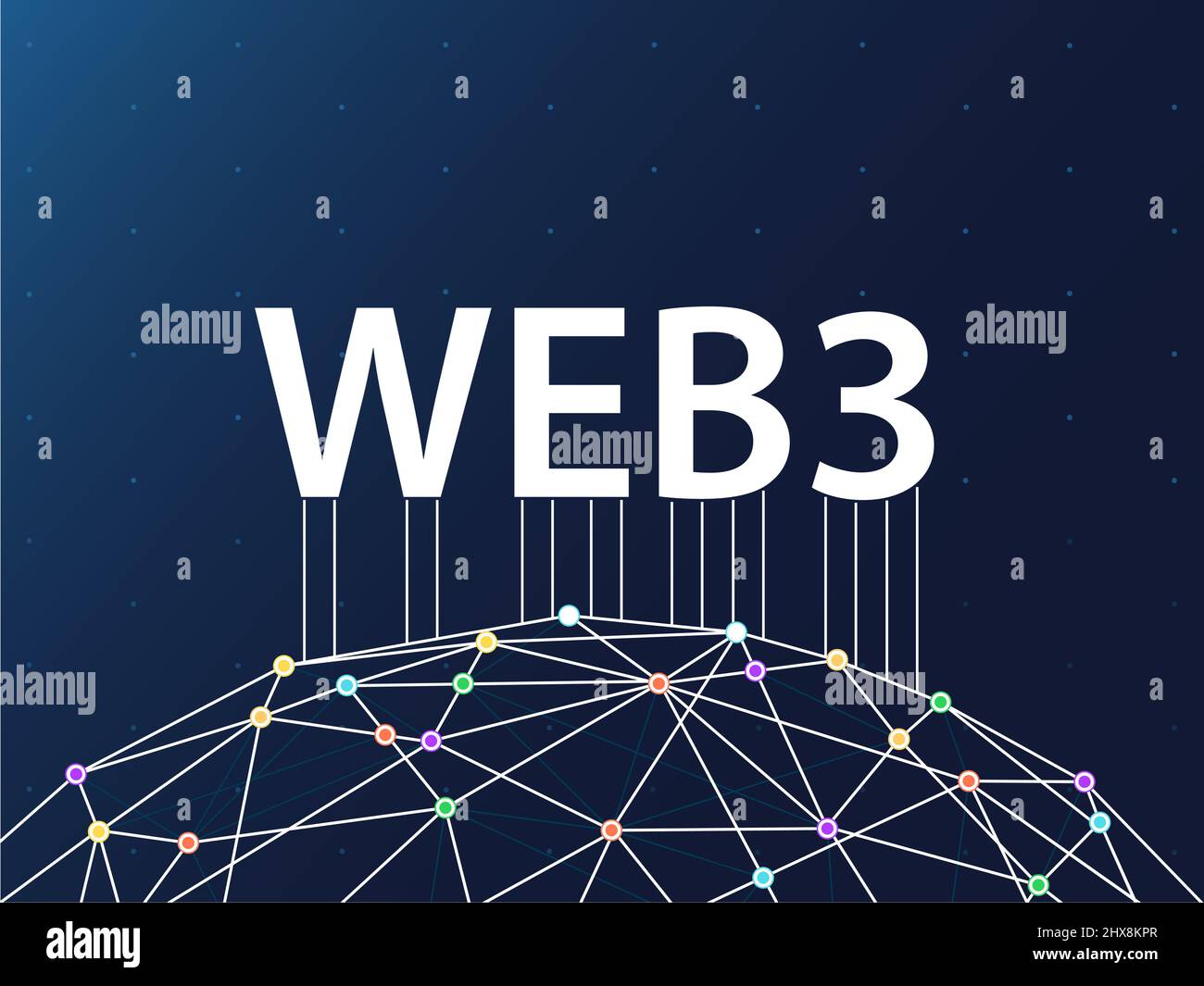 Web3 background. Blue dark wallpaper with connected World Wide Web illustration. Stock Vector