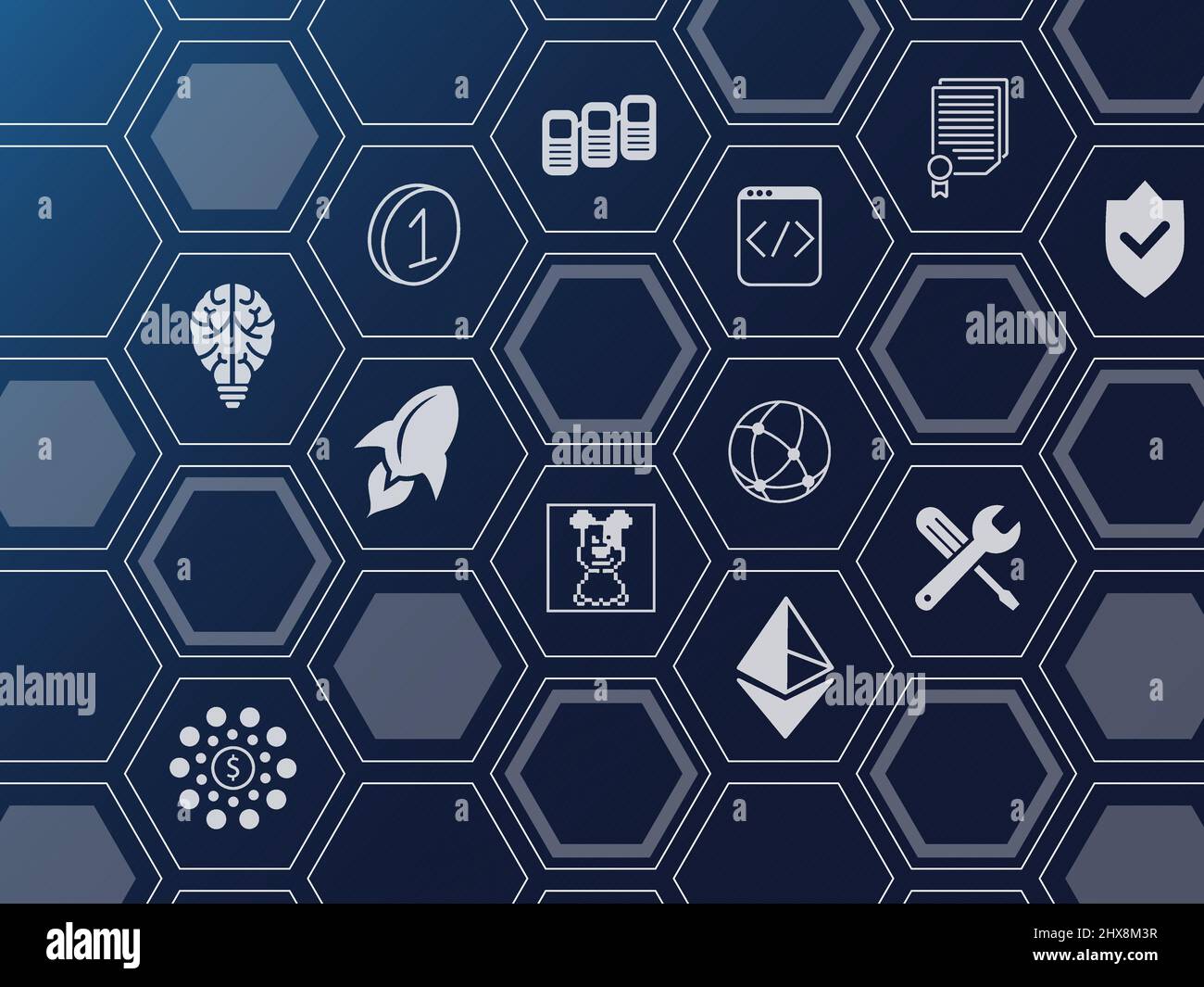 NFT Non-Fungible Token background. Blue dark wallpaper with hexagonal shapes and icons. Stock Vector
